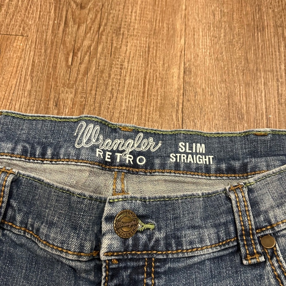 Wrangler Retro Slim‎ Straight Blue Jeans Mens 38x35 Stretch Denim Western Cowboy - Picture 2 of 8